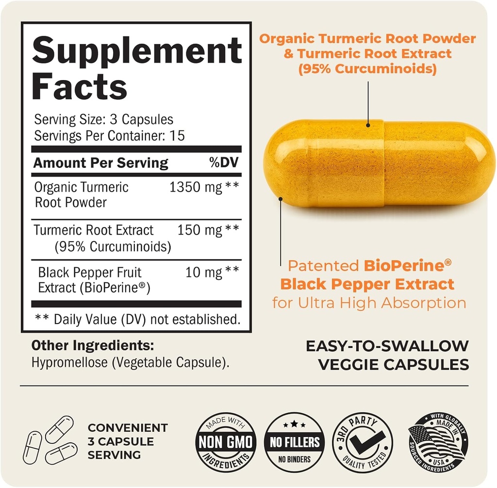 Turmeric Curcumin with Black Pepper Extract 1500mg - High Absorption Ultra Potent Turmeric Supplement with 95% Curcuminoids and BioPerine - Non GMO Tumeric Capsules for Joint Support - 45 Capsules 5