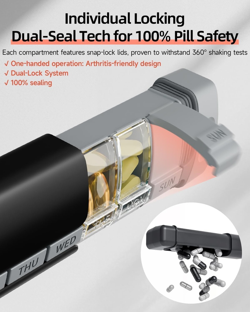 Travel Pill Organizer Weekly, 1 Time a Day ，Upgrade Premium Aluminum Alloy Daily Pill Box 7 Day, Portable Metal Pill Case, Cute Pill Holder to Hold Vitamins, Medicines, Pills, Supplements (Black) 4