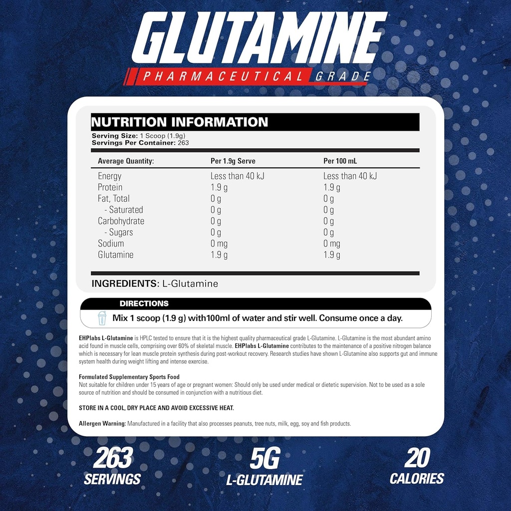 EHP Labs L Glutamine Powder Amino Acids - L-Glutamine, Workout Recovery, Immune Health & Gut Health Support (500g) - 100 Servings 3
