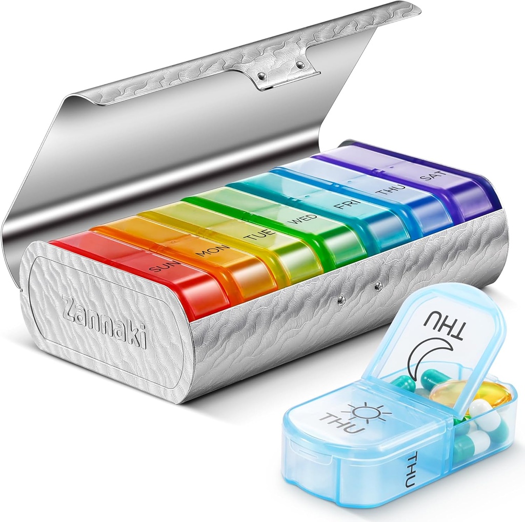 Zannaki Metal XL Weekly Pill Organizer 2 Times a Day, Large Travel Daily Pill Box 7 Day, Portable Week Twice Pill Holder Container, AM PM Pill Case for Medicine Vitamin Medication Supplement, Silver 2