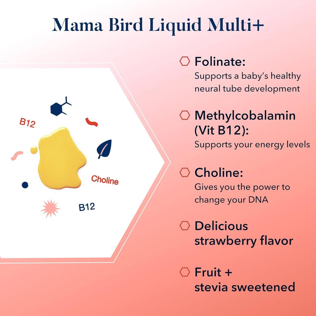 Best Nest Wellness Mama Bird Liquid Multi Plus - Liquid Multivitamin for Brain & Energy Support Methylated Vitamins - Gentle Digestive Health Formula - Strawberry, 16 fl oz (60 Servings) 4