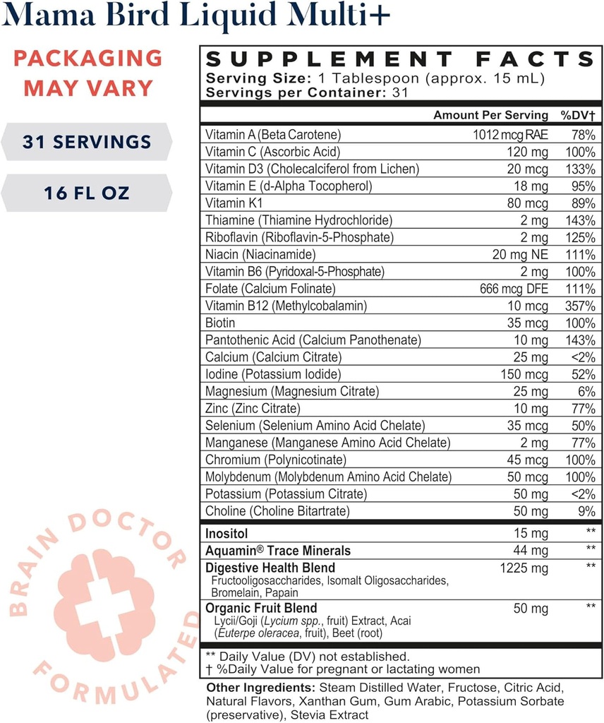 Best Nest Wellness Mama Bird Liquid Multi Plus - Liquid Multivitamin for Brain & Energy Support Methylated Vitamins - Gentle Digestive Health Formula - Strawberry, 16 fl oz (60 Servings) 5