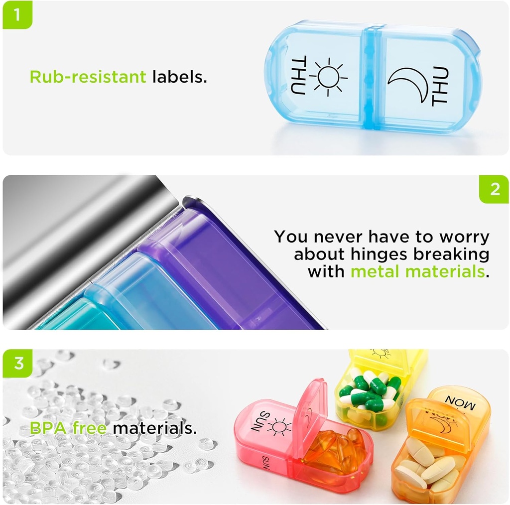 Zannaki Metal XL Weekly Pill Organizer 2 Times a Day, Large Travel Daily Pill Box 7 Day, Portable Week Twice Pill Holder Container, AM PM Pill Case for Medicine Vitamin Medication Supplement, Silver 5