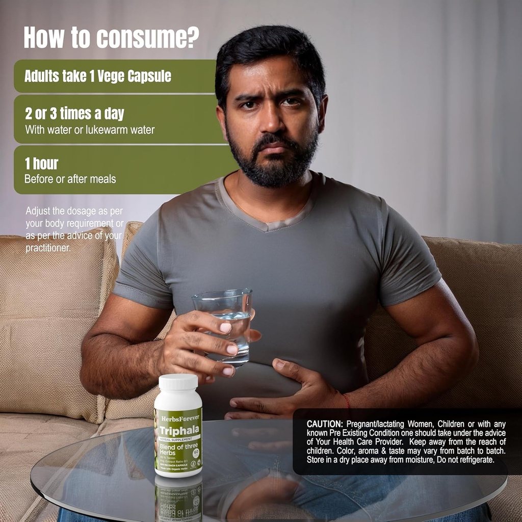 Herbsforever Triphala Capsules Extract Ratio (8:1) 40% Amla, Haritaki & Bibhitaki for Daily Detoxifying, Cleansing, & Rejuvenating 60 Vege Capsules 5