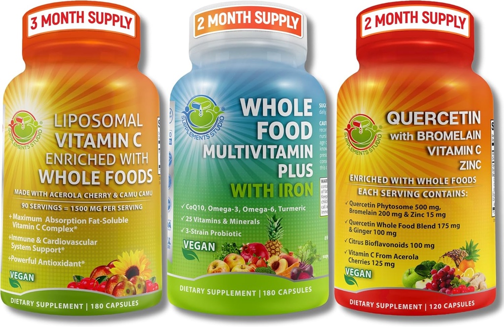 SUPPLEMENTS STUDIO Vegan Immune, Energy & Whole Body Support Bundle – Vegan Whole Food Multivitamin with Iron + Liposomal Vitamin C 1500mg + Quercetin with Bromelain, Zinc, and Vitamin C – Non-GMO 2