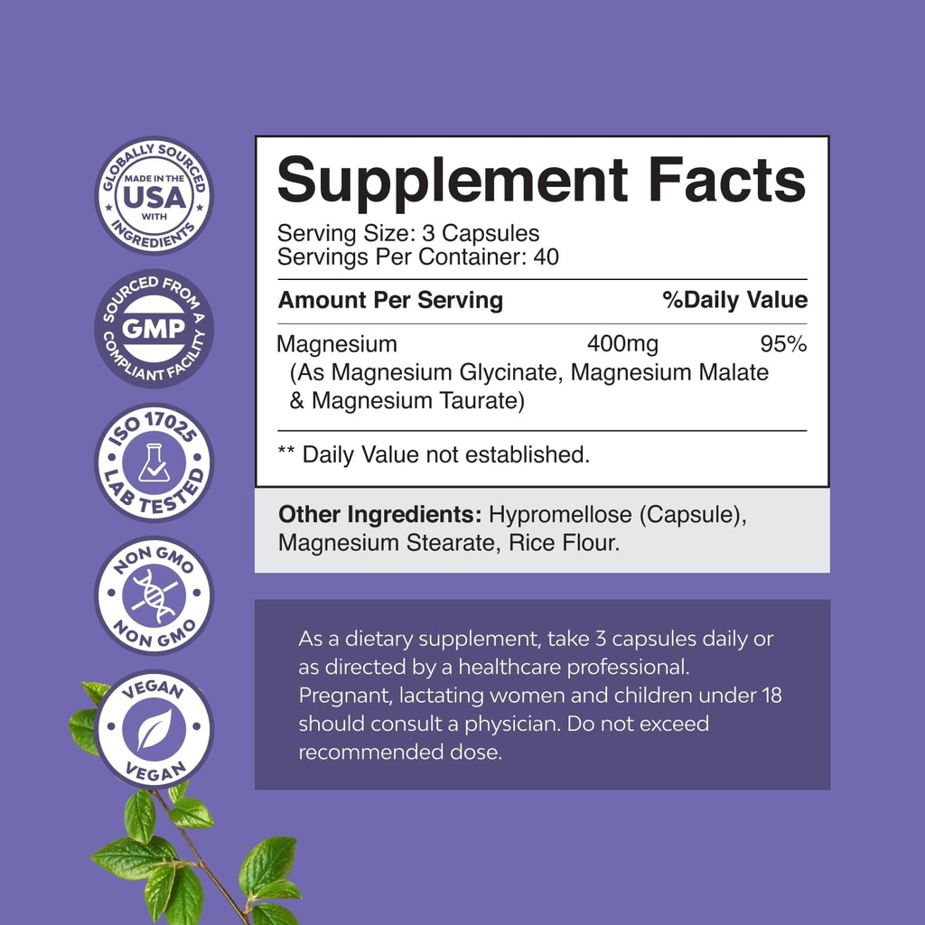 Triple Magnesium Complex Supplement - High Absorption Magnesium Glycinate, Malate & Taurate Blend for Muscles, Energy Support & Heart Health - Triple Mg Complex 400 mg Capsules - 120 Count 4