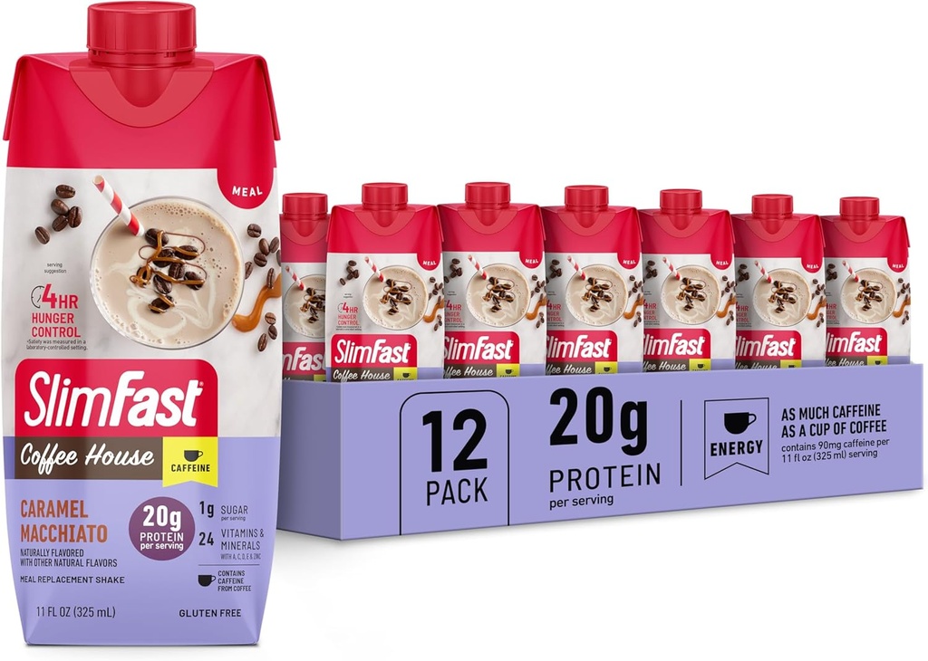 SlimFast Protein Shake with Caffeine, Caramel Macchiato- 20g Protein, Meal Replacement Shakes, High Protein with Low Carb and Low Sugar, 24 Vitamins and Minerals, 12 Count (Pack of 1) 2