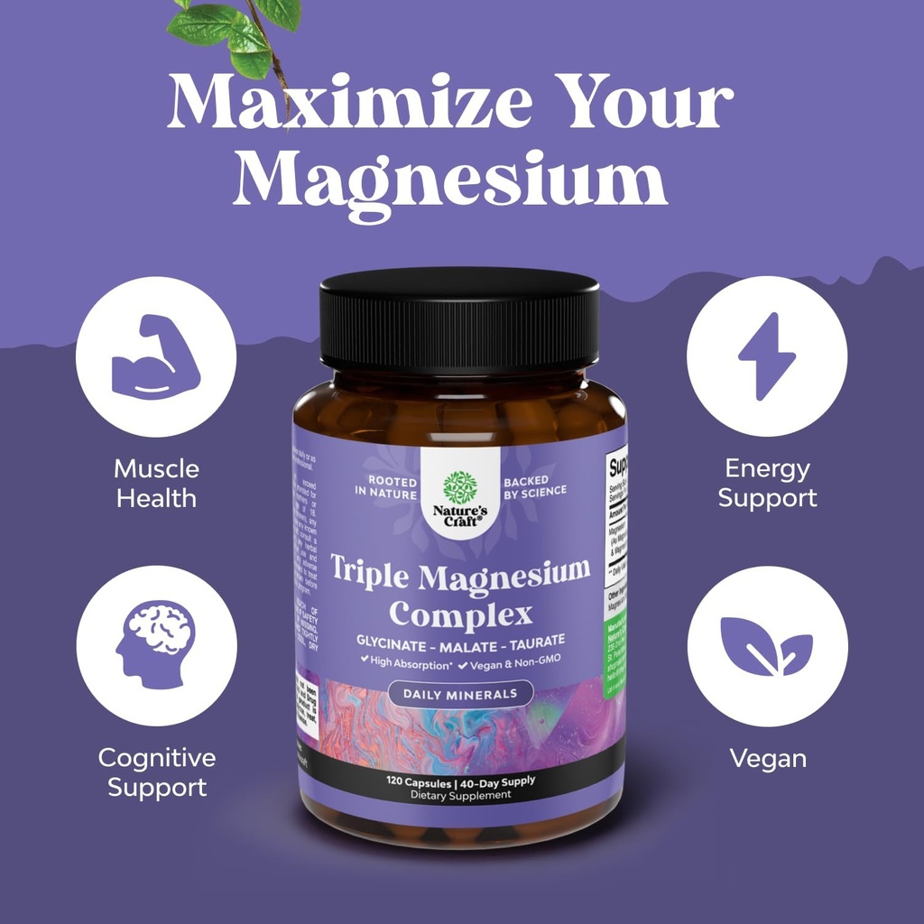 Triple Magnesium Complex Supplement - High Absorption Magnesium Glycinate, Malate & Taurate Blend for Muscles, Energy Support & Heart Health - Triple Mg Complex 400 mg Capsules - 120 Count 5