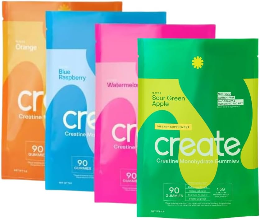 Create Creatine Monohydrate Gummies for Men & Women, Boost Focus, Strength, and Endurance, Anti-Melting Formula, Vegan, Gluten-Free, Non-GMO, 1.5g of Creatine per Gummy (Blue Raspberry, 90 ct) 2