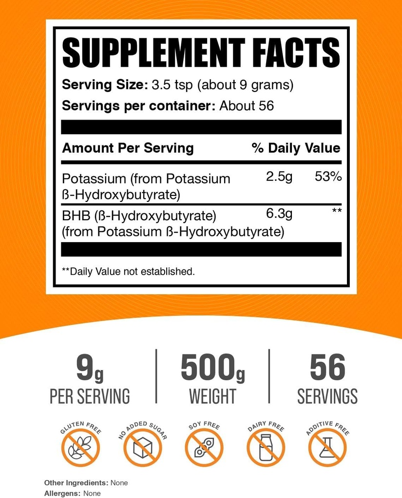 BulkSupplements.com Potassium BHB Powder - Beta-HydroxyButyrate Powder, BHB Supplement - Unflavored & Gluten Free, 9g per Serving, 500g (1.1 lbs) (Pack of 1) 3