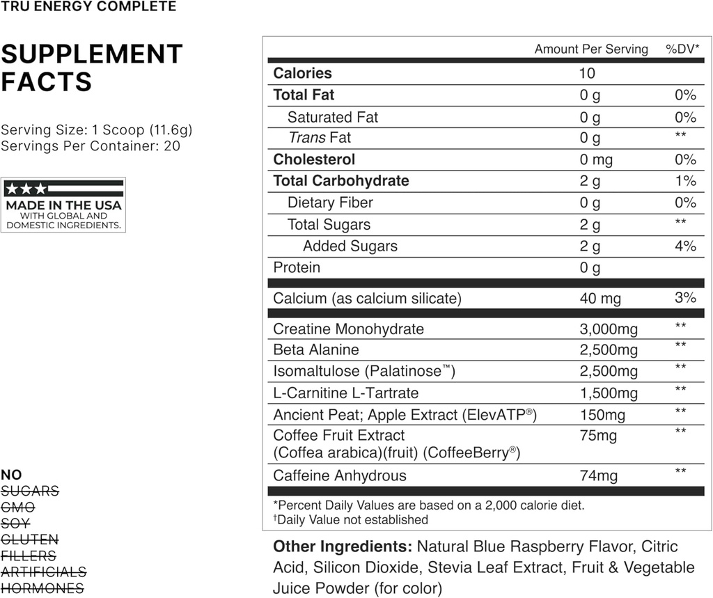 TRU Supplements Supplements Energy, Pre Workout Training Formula, Vegan Friendly, No Jitters, Improve Workout Performance, Naturally Extracted Flavors, 20 Servings (Blue Raspberry) 6