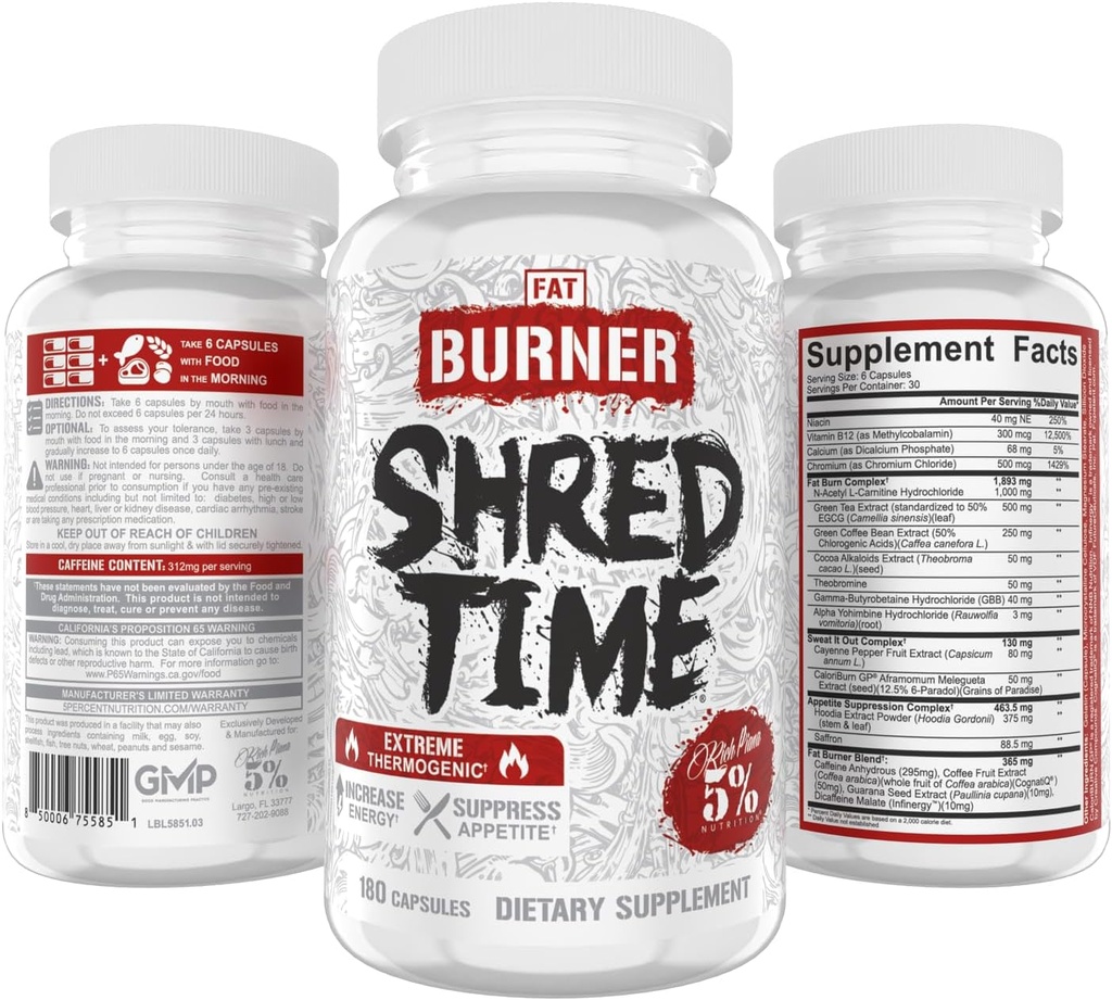 5% Nutrition Shred Time Fat Burner | Green Tea, Coffee Bean, Cayenne, Theobromine, GBB | Appetite Suppression | 30 Servings (180 Capsules) 6