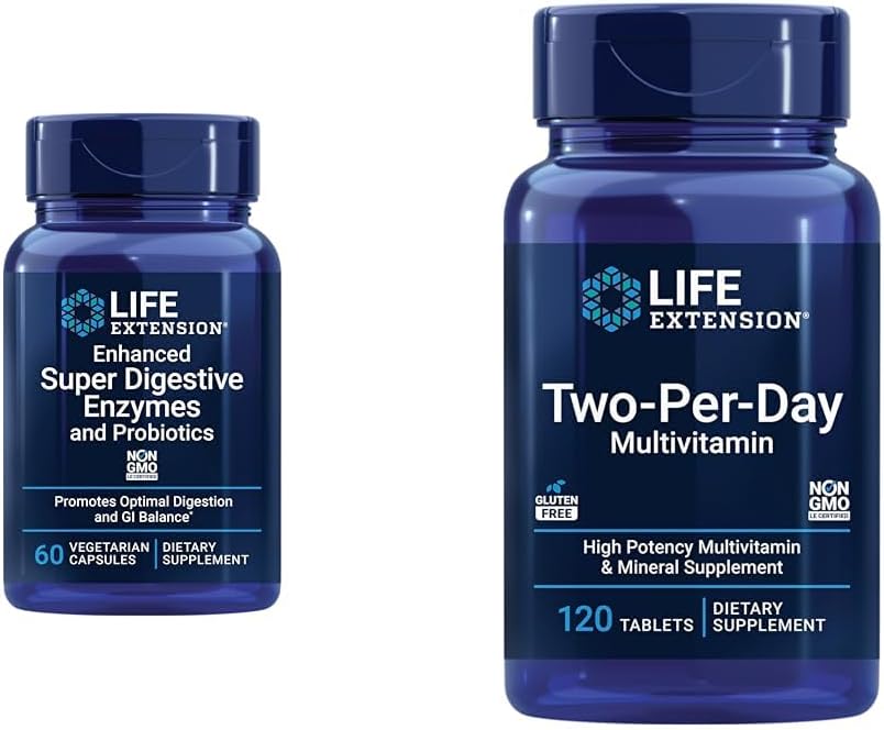 Life Extension 60 Vegetarian Capsule Digestive Enzymes & 120 Tablet High Potency Multi-Vitamin Supplement Bundle 2