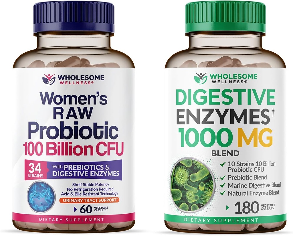 Wholesome Wellness Dr. Formulated Raw Probiotics for Women 100 Billion CFUs + Digestive Enzymes 1000MG Plus Prebiotics & Probiotics Supplement Bundle 2
