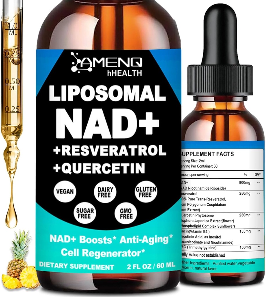 NAD Supplement, Liposomal NAD Nicotinamide Riboside Resveratrol 900mg Quercetion, TMG, Vitamin B3, High Potency NAD Plus Liquid Supplement for Cell Regenerator, Longevity, Energy, Anti-Aging, Focus 2