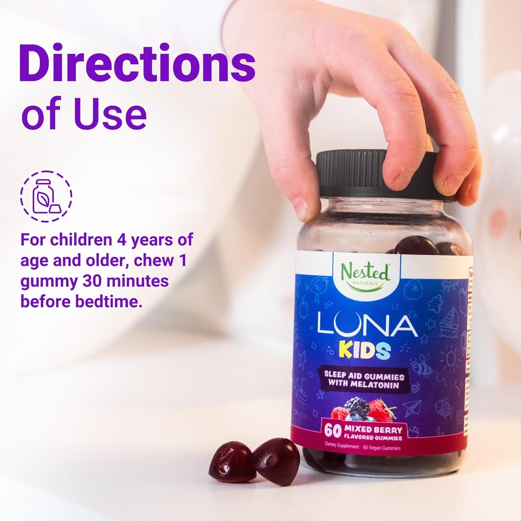 Nested Naturals Luna Kids Sleep Gummies - Non-Habit Forming Kids Melatonin Gummy with Valerian Root, Chamomile, and Lemon Balm - Children's Melatonin Sleep Aid - Mixed Berry, 60 Vegan Gummies 3