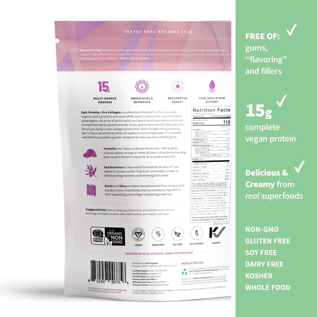 Sprout Living Epic Protein, Plant Based Protein & Superfoods Powder, Pro Collagen, Berry | 15 Grams Organic Protein Powder, Vegan, Non Dairy, Non-GMO, Gluten Free, Low Sugar (0.7 Pound, 12 Servings) 4