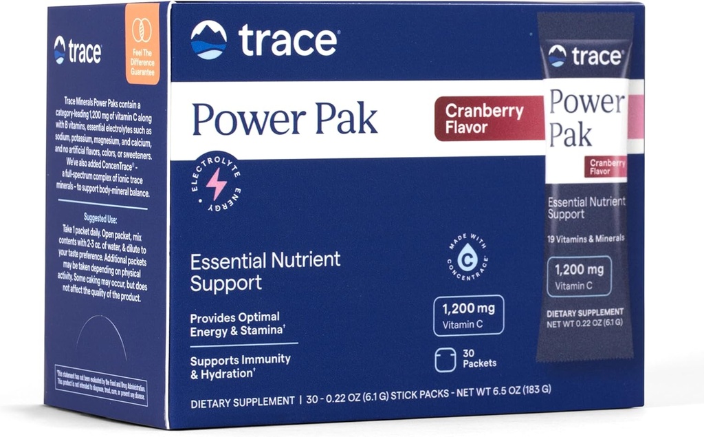 Trace Minerals Power Pak Multivitamin and Multimineral Packets - Electrolyte Support - 1200 mg Vitamin C Plus 70 Cranberry Flavor - 30 Packets 2