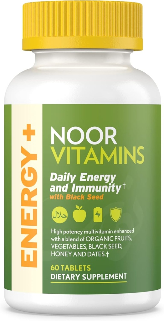 Noor Vitamins Energy+ Multivitamin; Halal Vitamin for Energy Production & Immunity, 26 Vitamins & Minerals, Black Seed, Dates, Honey, for Men & Women. Gelatin Free, 2 Month Supply 2