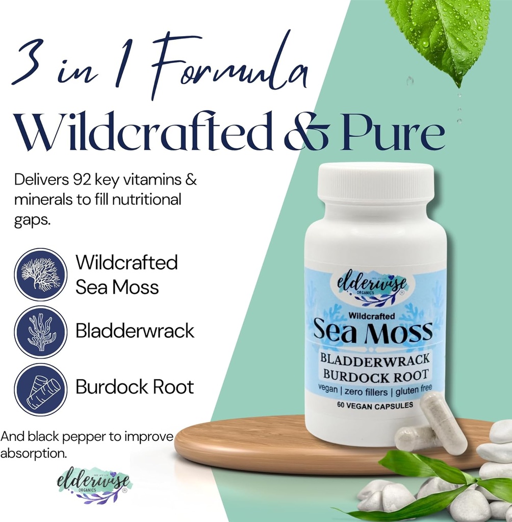 Elderwise Sea Moss Capsules - Sea Moss with Burdockroot & Bladderwrack - Superfood Supplement - 60 Vegan Capsules - 30 Day Supply - Dosage 2 a Day - 1400 mg 3
