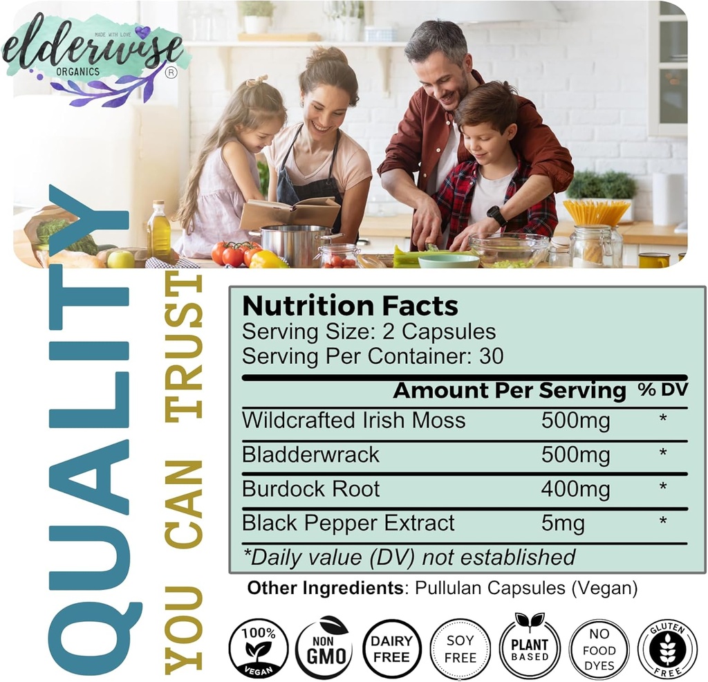 Elderwise Sea Moss Capsules - Sea Moss with Burdockroot & Bladderwrack - Superfood Supplement - 60 Vegan Capsules - 30 Day Supply - Dosage 2 a Day - 1400 mg 5