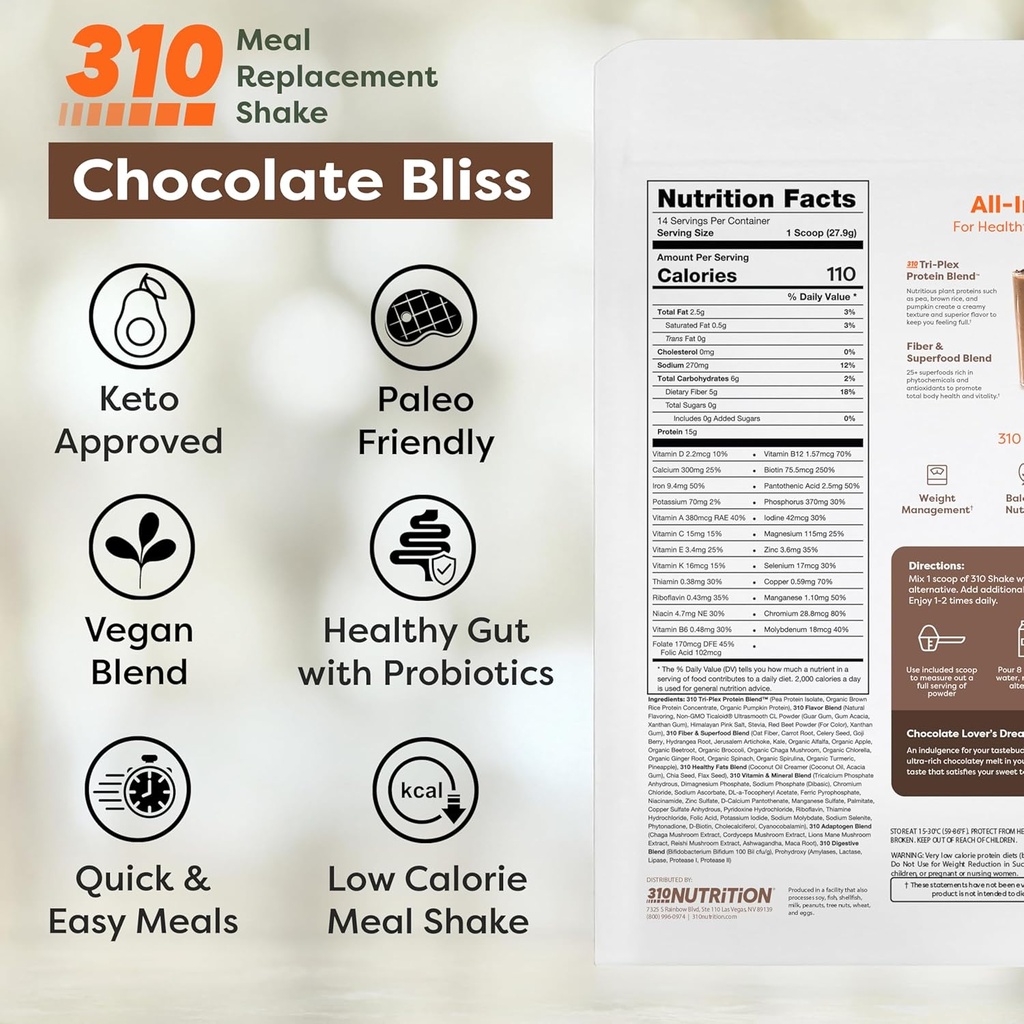 310 Nutrition All-In-One Meal Replacement Shake Powder - Plant-Based Protein Smoothie Blend w/High Fiber, Probiotics & Adaptogens - Low Carb, Vegan, Keto & Paleo Friendly - Chocolate Bliss - 14 Srv 3