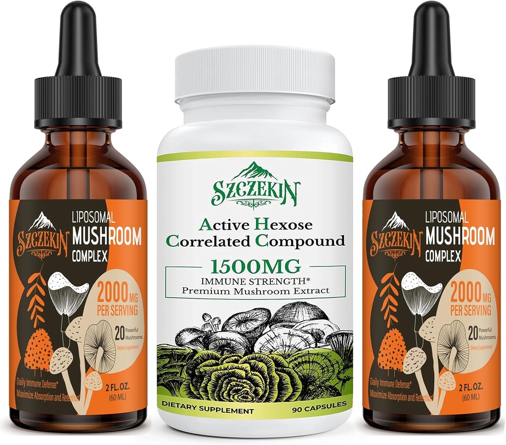Active Hexose Correlated Compound 1500 mg Supplement 90 Capsules Bundle with 2000mg Liposomal Mushroom Complex Drops 60 Servings 2
