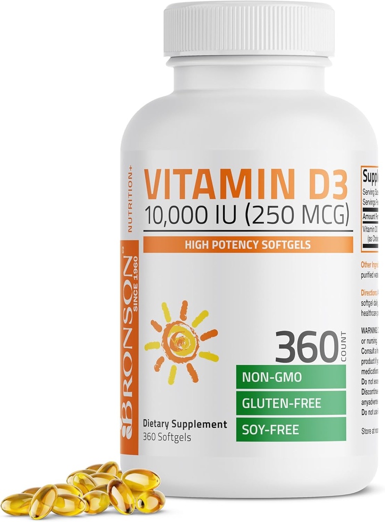 Bronson Vitamin D3 10,000 IU (250 mcg) High Potency - Supports Healthy Immune System, Strong Bones, Muscles & Teeth - Non GMO, 360 Softgels (1 Year Supply) 2