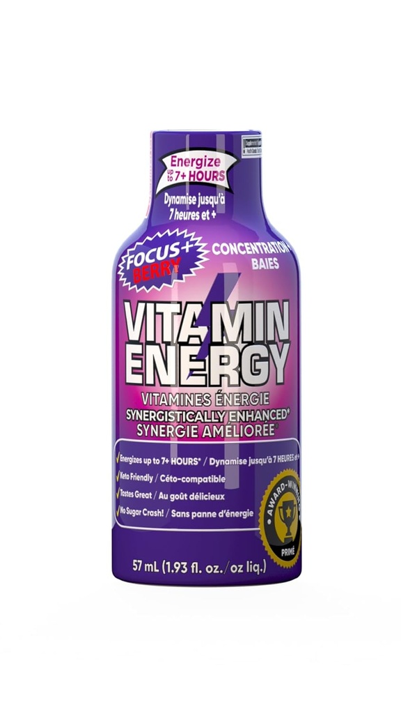 Vitamin Energy Focus+ Extra Strength Energy Shot Berry 12 Pack, 260mg Natural Caffeine, B-Vitamins, CoQ10, Amino Acids, Focus, Productivity & Clarity, Zero Sugar, Gluten-Free, 1.93 fl oz 3