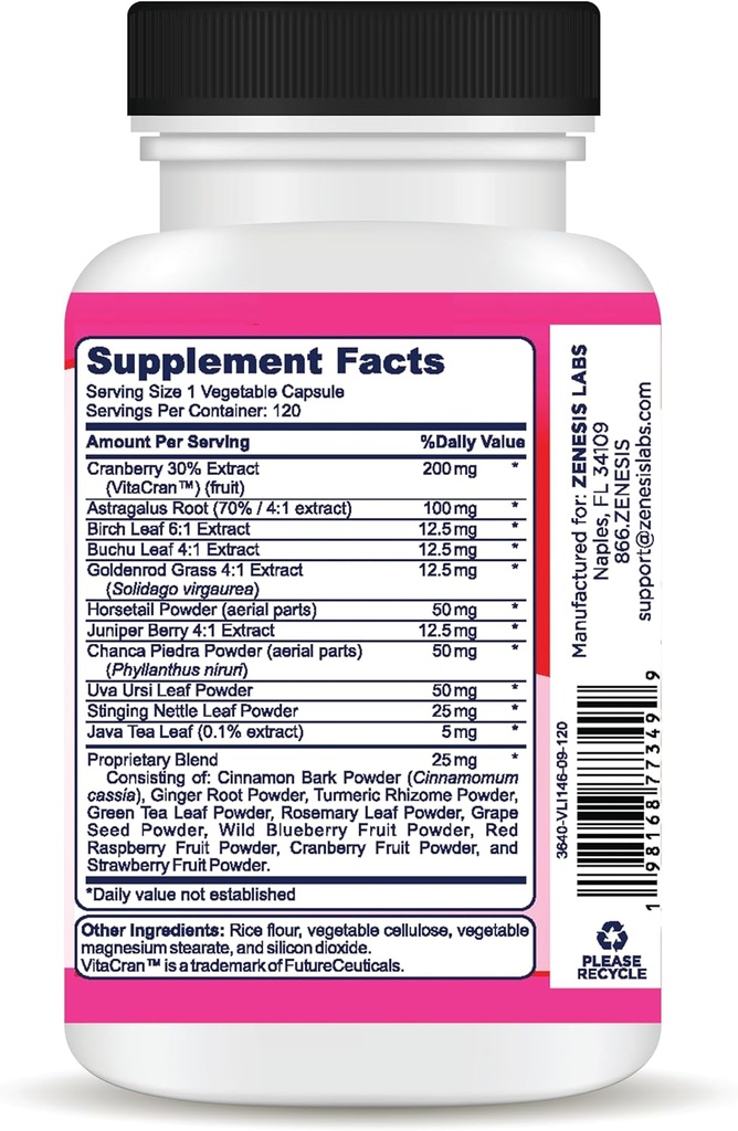 Zenesis Labs Kidney Cleanse Detox Flush & Repair Urinary Tract Support - Gluten Free - Natural Cranberry Extract Herbal Supplement Blend (120 Capsules/Bottle) 60 Day Supply 6