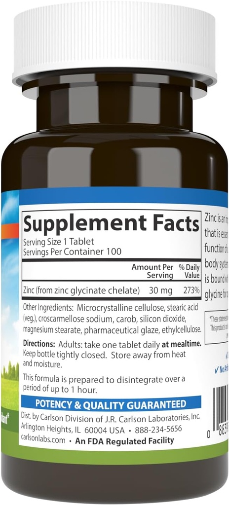 Carlson - Chelated Zinc, 30 mg - Superior Absorption, Immune Support & Enzyme Function, Antioxidant, 100 tablets 3