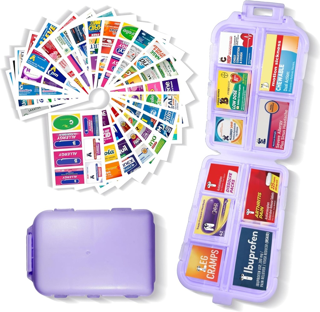 Pocket Pharmacy with Medicine Labels 146 Labels Travel Daily Pill Container Mini Medication Organizer Storage Pill Organizer Travel Essentials Pill Case 7 Day Pill Organizer (Purple, 1 Pack) 2