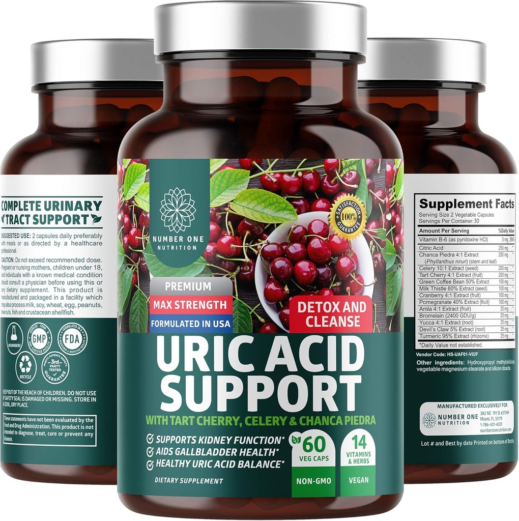 N1N Premium Uric Acid Support Supplement [14X Potent Herbs] All Natural Kidney and Uric Acid Cleanse with Tart Cherry, Milk Thistle, Cranberry, Celery, Chanca Piedra, 60 Veg Caps 2