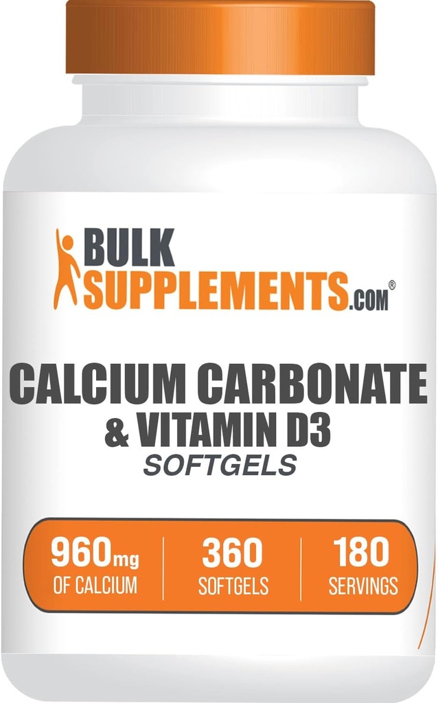 BulkSupplements.com Calcium Carbonate & Vitamin D3 Softgels - Calcium and Vitamin D3, Calcium & D3 Supplement for Immune Support - Gluten Free, 2 Softgels per Serving, 360 Count (Pack of 1) 2