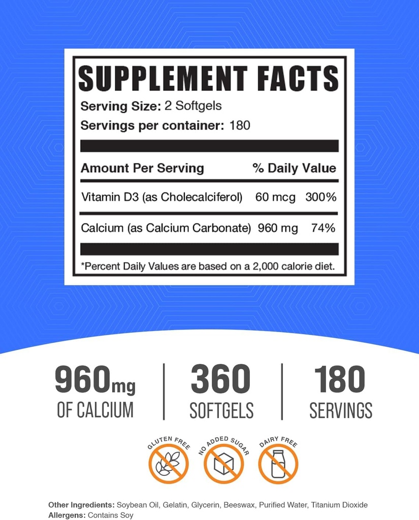 BulkSupplements.com Calcium Carbonate & Vitamin D3 Softgels - Calcium and Vitamin D3, Calcium & D3 Supplement for Immune Support - Gluten Free, 2 Softgels per Serving, 360 Count (Pack of 1) 3