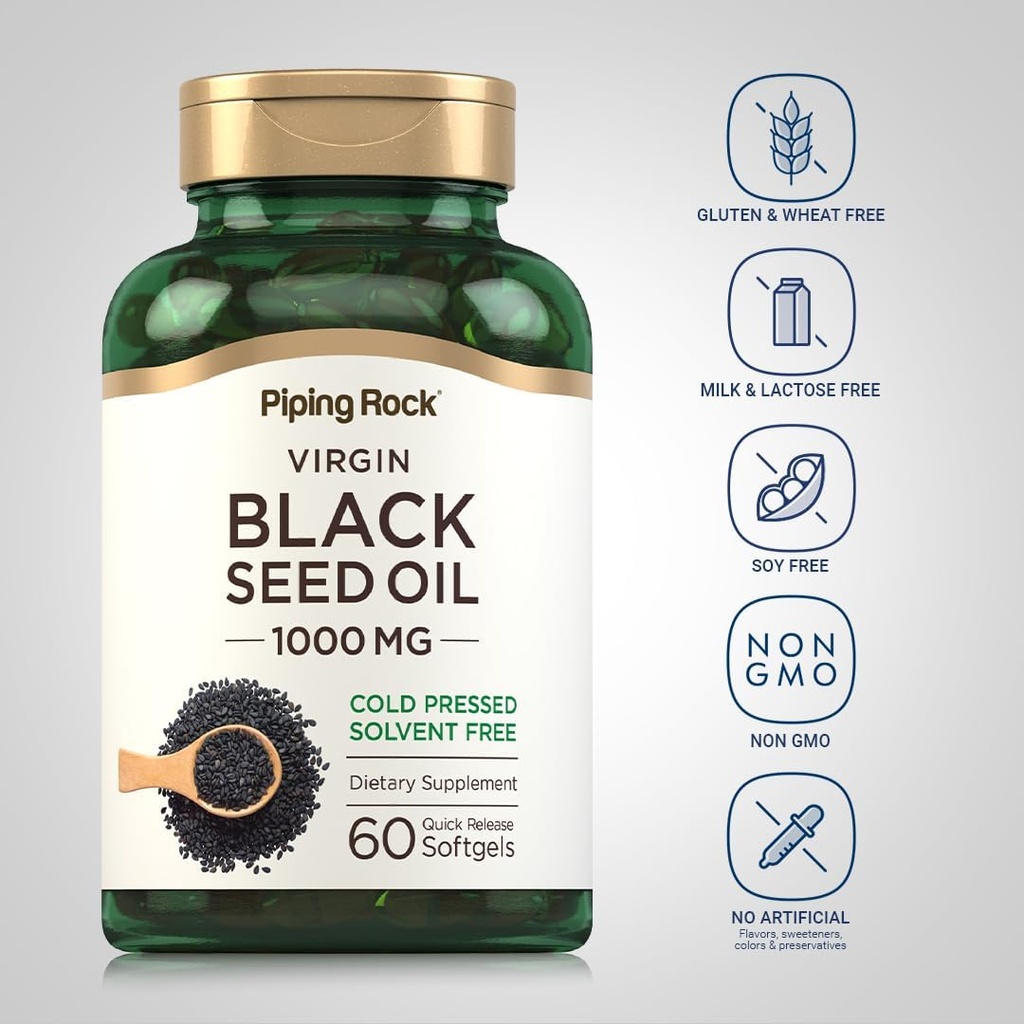 Piping Rock Black Seed Oil Softgel Capsules | 1000mg | 60 Pills | Cold Pressed Solvent Free | Non GMO, Gluten Free Supplement 4