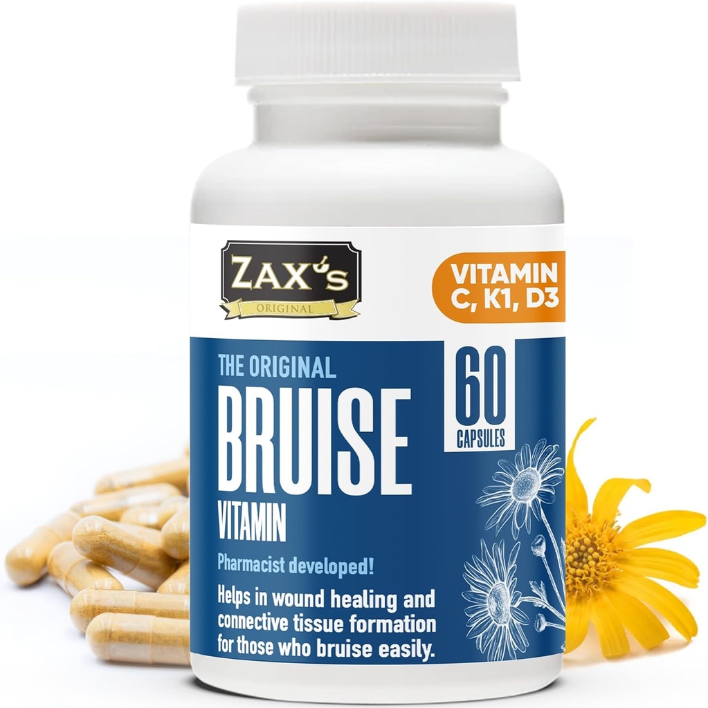 ZAX'S Bruise Vitamin Pharmacist Developed Bruising Supplements Potent Bruising Swelling Reducer, Zinc, Vitamin K, D3, Ascorbic Acid, Citrus Bioflavonoids, 60 Caps, Combine Arnica Bruise Cream 2