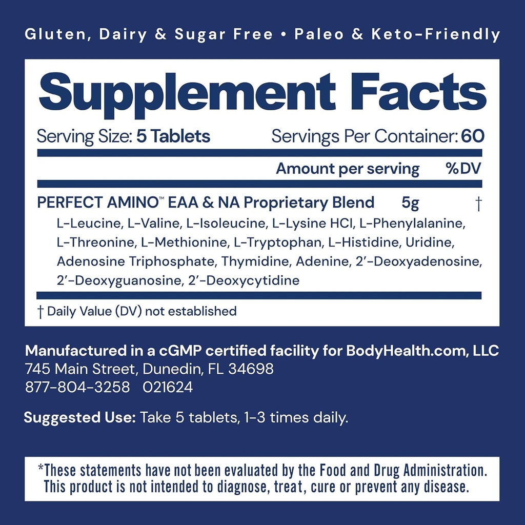 BodyHealth PerfectAmino (300 Tablets) Essential Amino Acid Supplement with BCAA and EAA, Muscle Recovery, Boost Energy & Stamina, 99% Utilization, Vegan Branched Chain Protein Pre/Post Workout 3