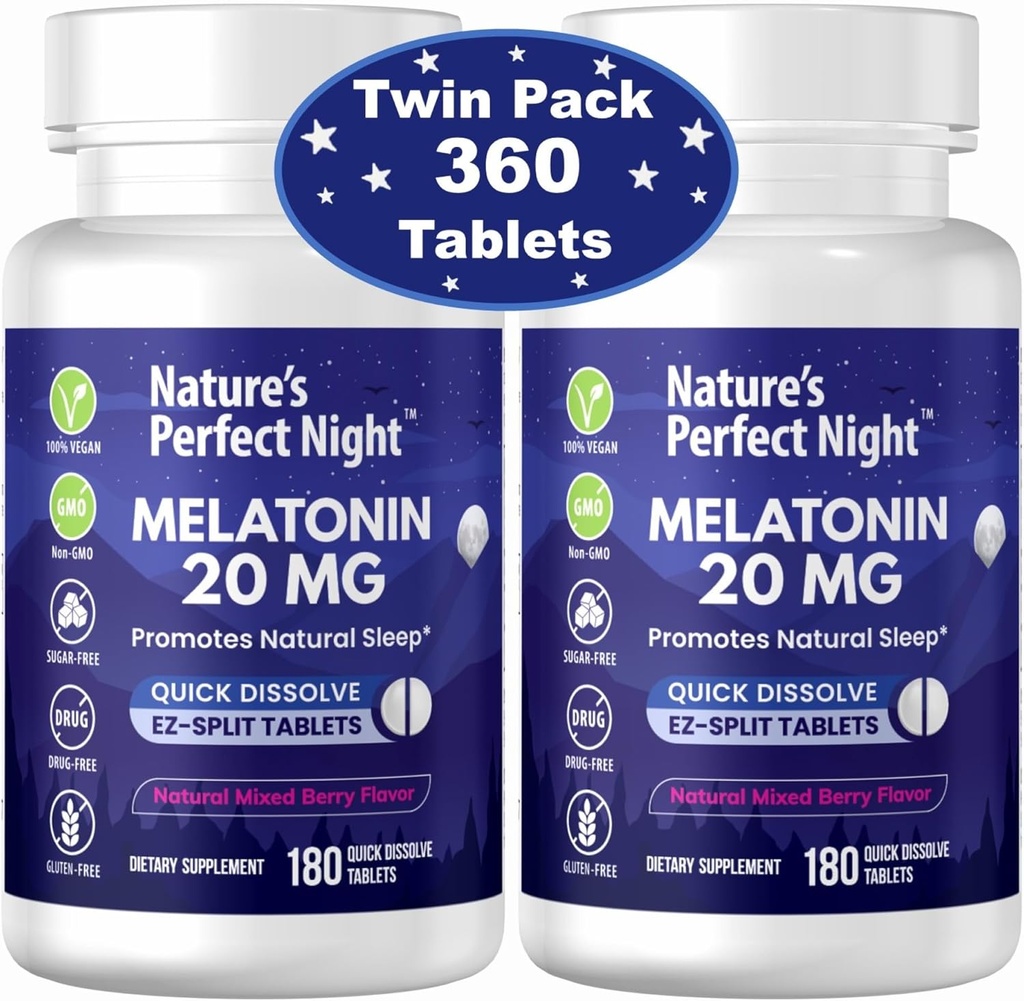 Nature's Perfect Night | Melatonin 20mg | 180 Quick Dissolve Tablets, 2-Pack | Natural Mixed Berry Flavor |High Potency | Sugar Free | Vegan | Gluten Free | 2 Count 2