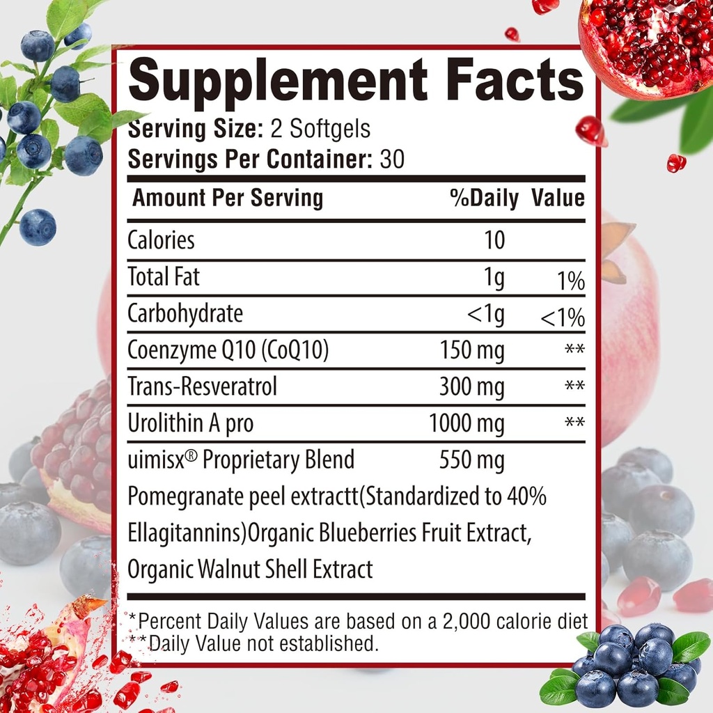 Urolithin A Pro Supplement 1000mg, 60 Softgels Super Antioxidants with Resveratrol & CoQ10 for Energy Production and Healthy Aging- Mitoceutical for Muscle Strength and Skin Care 3