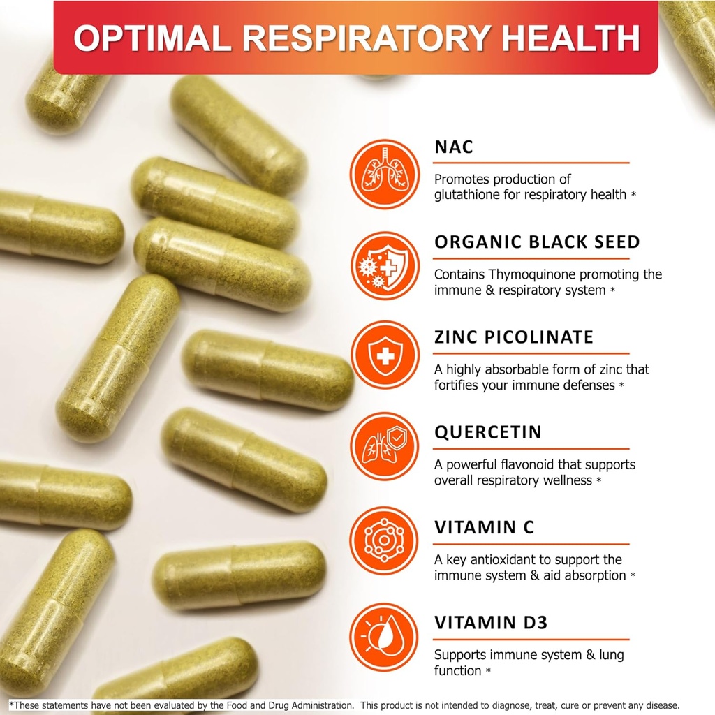 NAC 600mg Black Seed 500mg Zinc Picolinate Quercetin Vitamin C Vitamin D3 Respiratory Support (Pack of 1 Bottle at 120-Caps) 4