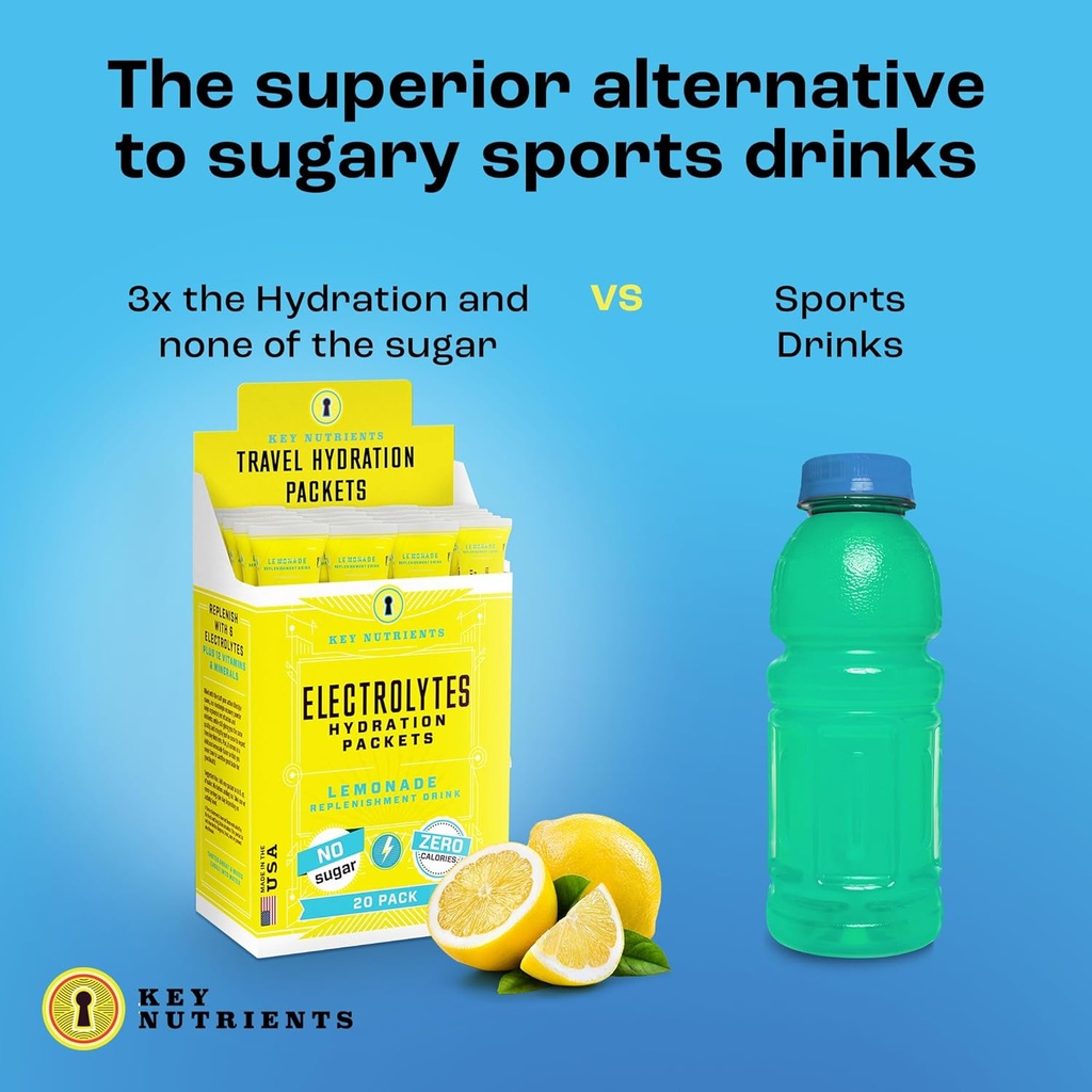KEY NUTRIENTS Electrolytes Powder Packets 20 Pack - No Sugar, Refreshing Lemonade, Hydration Packets with Electrolyte Powder for Refreshing Electrolyte Drink Mix Packets - Zero Calories 3