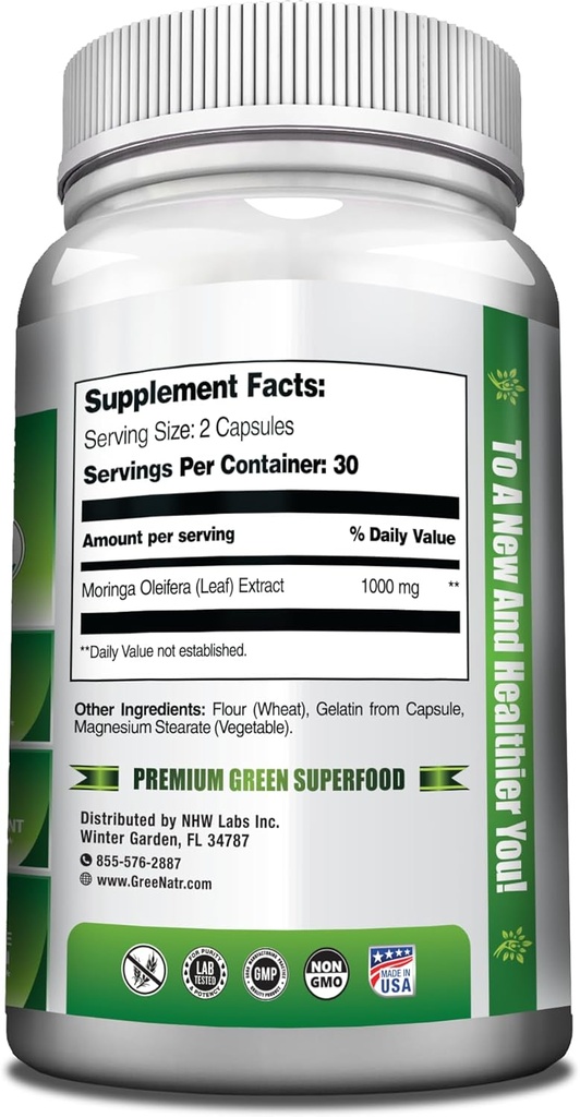 GreeNatr Pure Moringa Oleifera Leaf Extract Veggie Capsules 1000 mg. Natural Herbal Supplement. Energy, Mood, Memory and Focus Support. Premium Green Superfood (3 Bottles) 4