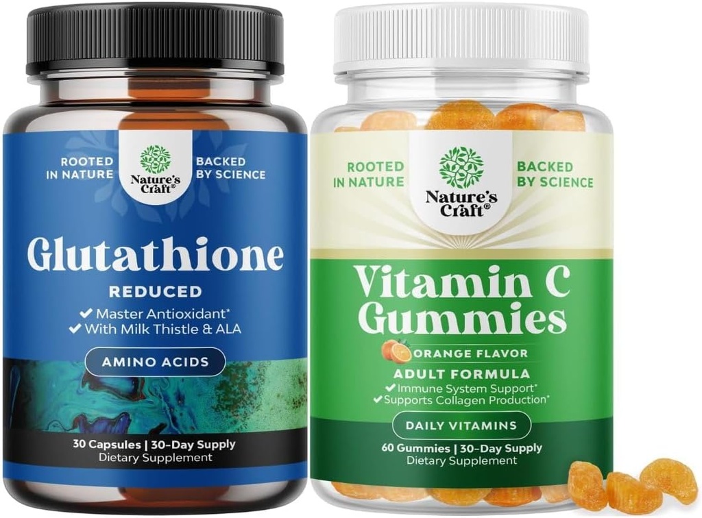 Bundle of Reduced Glutathione Supplement with Milk Thistle - 500 mg per Serving Pure L Glutathione and Chewable Vitamin C Gummies for Adults - Ascorbic Acid Natural Gummy Immune Booster & Cold Remedy 2