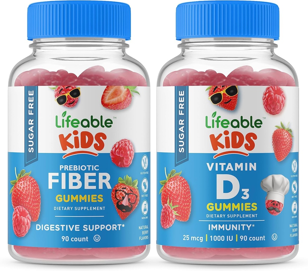 Lifeable Sugar Free Preciotic Fiber Kids + Vitamin D Kids, Gummies Bundle - Great Tasting, Vitamin Supplement, Gluten Free, GMO Free, Chewable Gummy 2
