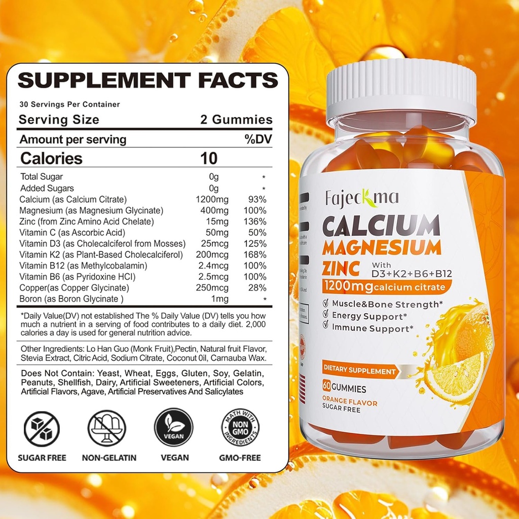 Calcium Magnesium Zinc Gummies for Adult: 1200mg Calcium Citrate with Vitamin D3 K3 - Natural Organic Sugar Free High Absorption Supplement for Women Men Kids(120Count) 3