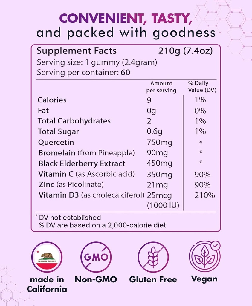 (3 Pack) Quercetin Gummies by BioVitalica - Quercetin with Bromelain Vitamin C and Zinc & Elderberry + Vitamin D3-5 in 1 Immune Support - Zinc Quercetin 750 mg for Kids and Adults 3