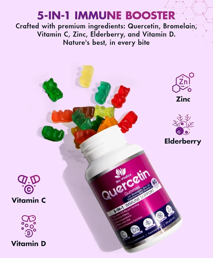 (3 Pack) Quercetin Gummies by BioVitalica - Quercetin with Bromelain Vitamin C and Zinc & Elderberry + Vitamin D3-5 in 1 Immune Support - Zinc Quercetin 750 mg for Kids and Adults 4
