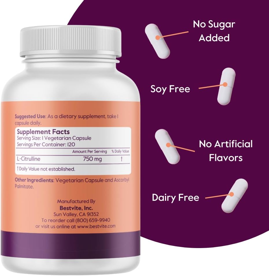 BESTVITE L-Citrulline 750mg per Capsule (240 Vegetarian Capsules) (120 x 2) - No Stearates - No Silica - No Fillers - Non GMO - Gluten Free - Vegan 4