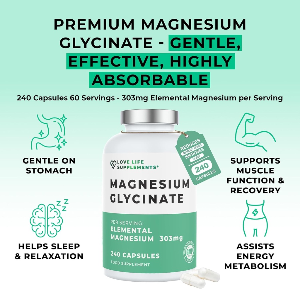 Magnesium Glycinate (Bisglycinate) | Chelated Magnesium Supplements | 2750mg (303mg Magnesium) | 240 Capsules / 60 Servings | Highly Bioavailable | Made in UK - GMP Certified | Love Life Supplements 4